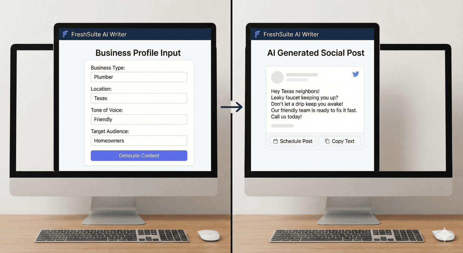 image showing the "Business Profile" input screen (where they enter their tone/audience) next to a Result rom the AI writer