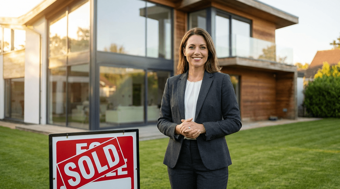 Professional real estate agent standing confidently in front of a sold home